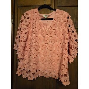 Umgee Crotched Lace Blouse Floral Rose Pink Women's Top with Liner Spring Summer